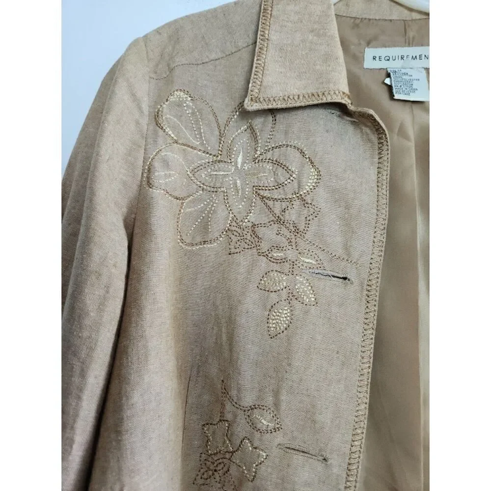 Requirements Women Tan Brown w/Floral Embroidery  Linen Jacket size Medium